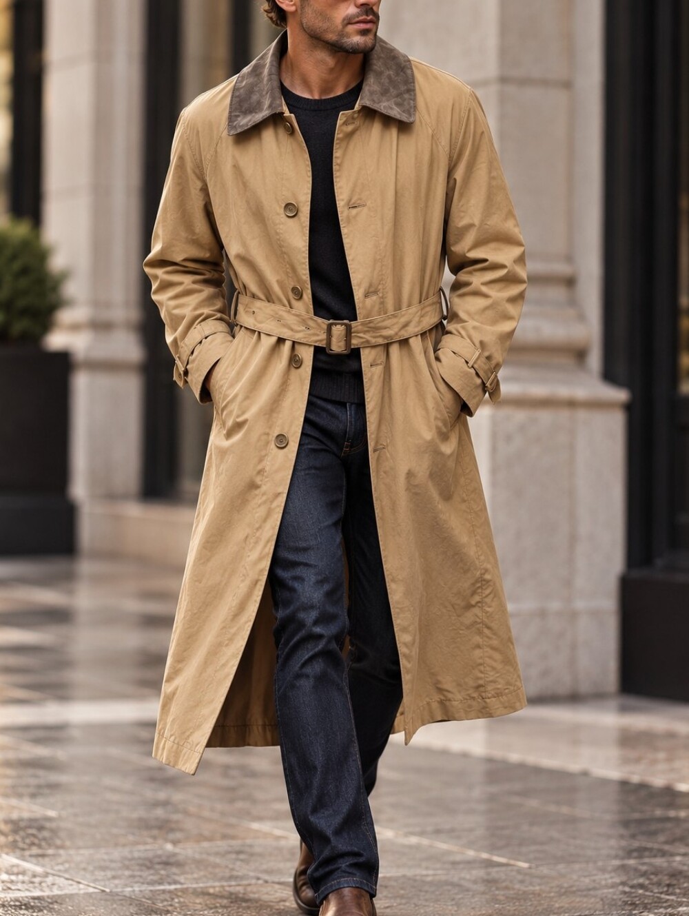RAINFOREST Mens Cotton Blend Trenchcoat.  Cowhide Leather Detachable Collar.